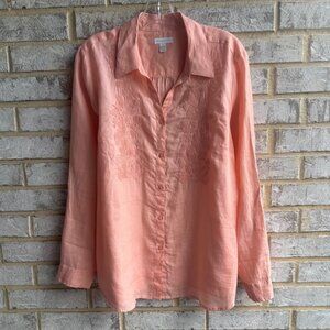 Charter Club 100% Linen Long Sleeve Embroidered Floral Shirt Women's Size XL
